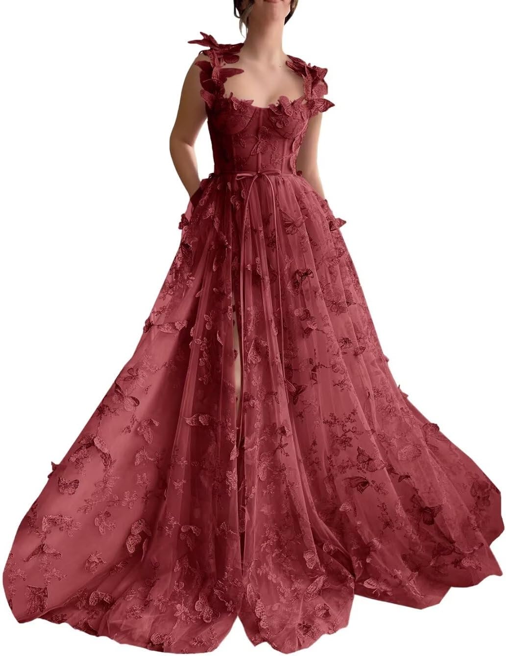 Vestidos de fiesta largos de tul con mariposas 3D para adolescentes, vestidos de fiesta formales de noche bordados con abertura 