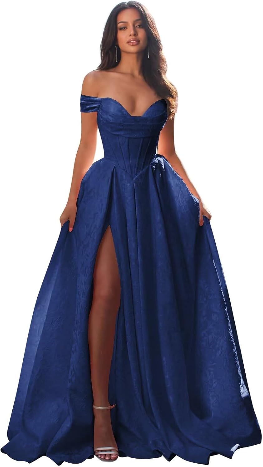 Jacquard Satin Prom Dresses Off the Shoulder Corset A Line Long Formal Gown Sweetheart Neck Party Dress with Slit