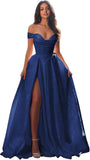 Jacquard Satin Prom Dresses Off the Shoulder Corset A Line Long Formal Gown Sweetheart Neck Party Dress with Slit