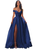 Jacquard Satin Prom Dresses Off the Shoulder Corset A Line Long Formal Gown Sweetheart Neck Party Dress with Slit