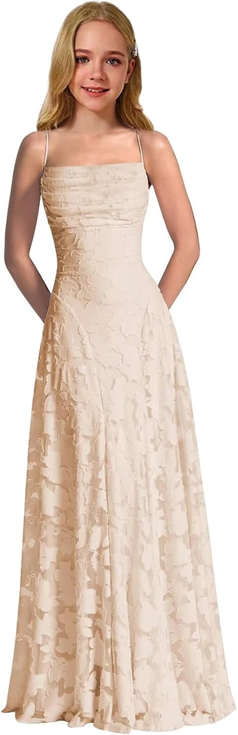 Lace Floral Junior Bridesmaid Dresses Long Spaghetti Strap Prom Dress for Teens Formal Gown Flower Girls Dress