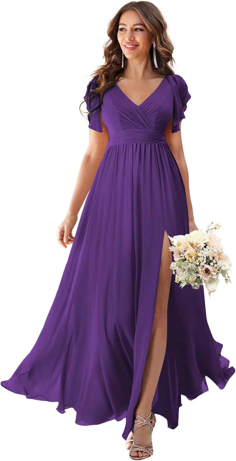 V Neck Flutter Sleeves Bridesmaid Dresses with Slit 2025 Chiffon Aline Pleats Formal Evening Gowns for Women