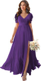 V Neck Flutter Sleeves Bridesmaid Dresses with Slit 2025 Chiffon Aline Pleats Formal Evening Gowns for Women
