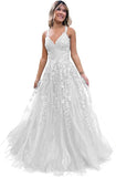 Women's Sparkly Tulle Lace Applique Prom Dresses 2025 Long Spaghetti Straps Formal Evening Gowns