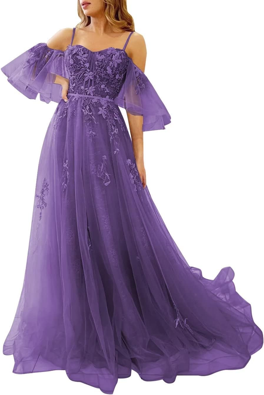 Vestidos de fiesta de tul con hombros descubiertos para adolescentes, vestidos formales con apliques de encaje, vestido de fiesta de noche formal de línea A