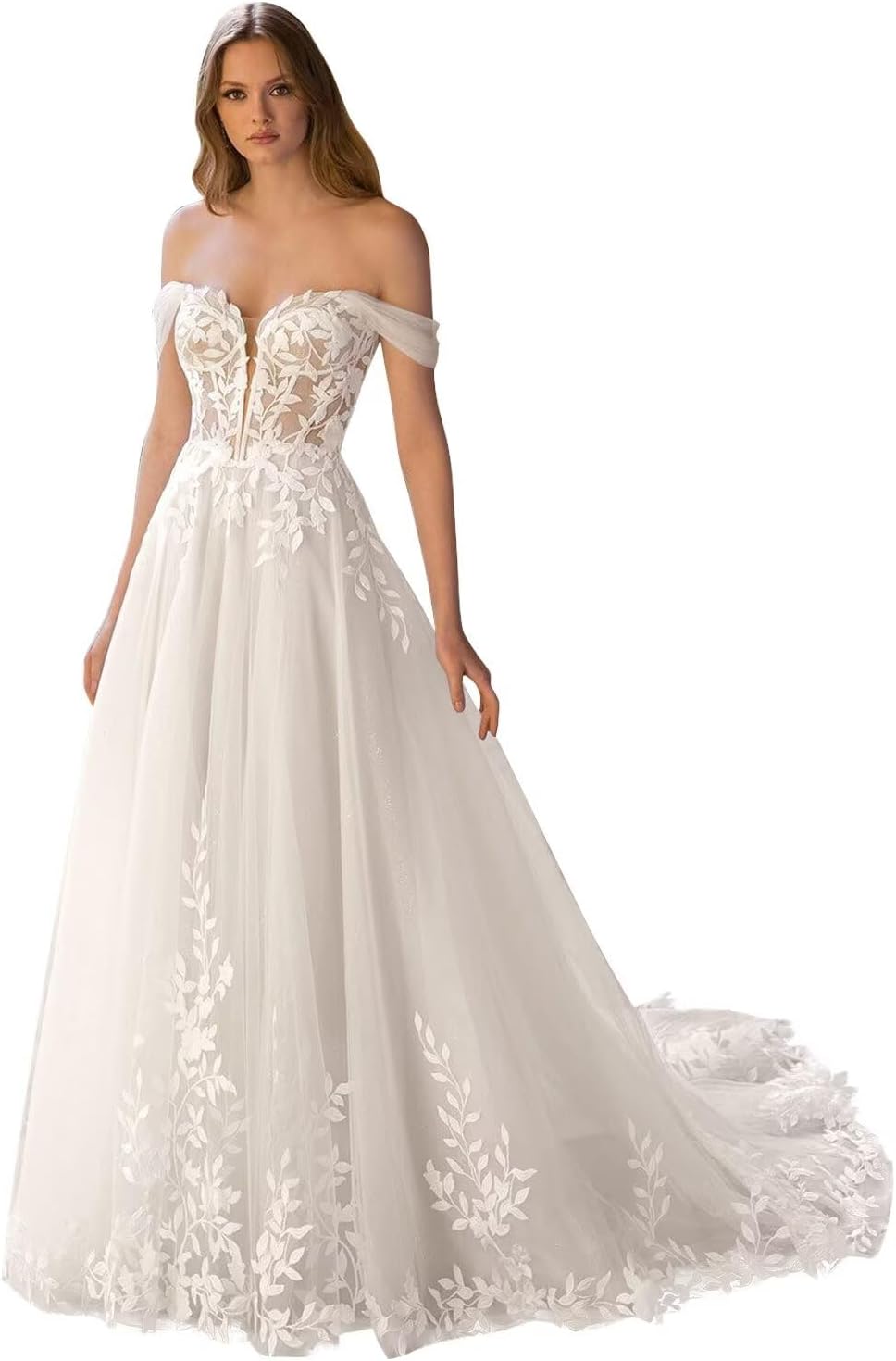 Kingbridal Gowns Lace Appliques Wedding Dresses for Bride Long V Neck Tulle Chiffon A-line Sleeveless Bridal Ball Gown for Women