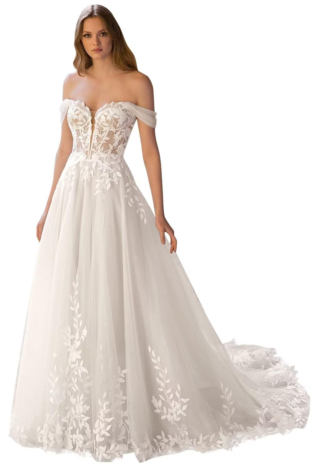 Kingbridal Gowns Lace Appliques Wedding Dresses for Bride Long V Neck Tulle Chiffon A-line Sleeveless Bridal Ball Gown for Women