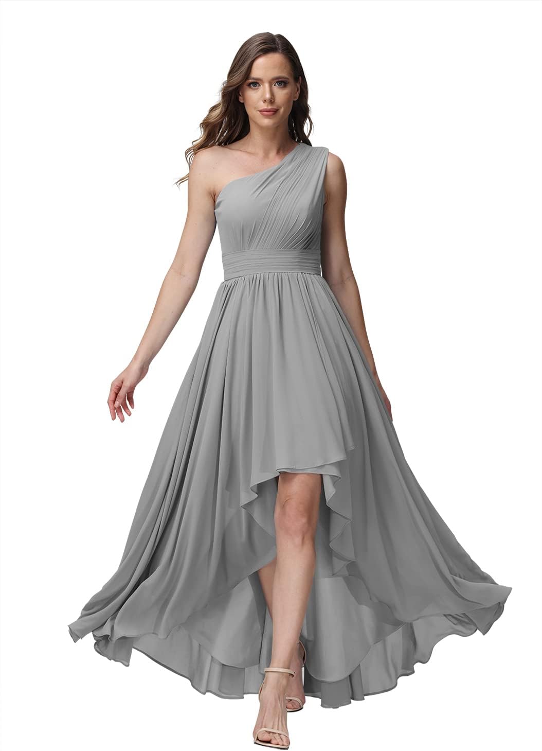 Vestido de dama de honor de un solo hombro para mujer, vestido formal de noche de gasa con bolsillos y corte alto bajo