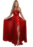 Vestido de fiesta de satén metálico brillante con abertura para mujer, vestido formal de noche plisado con cuello halter 