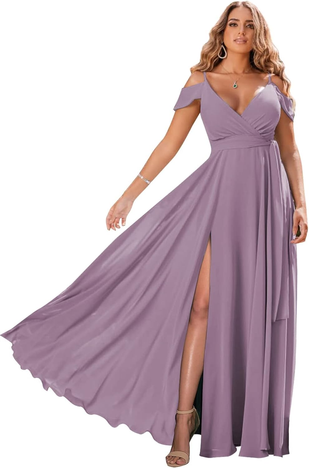 Schulterfreie Brautjungfernkleider 2025 für Frauen, langes Chiffon-Abendkleid mit V-Ausschnitt und Schlitz