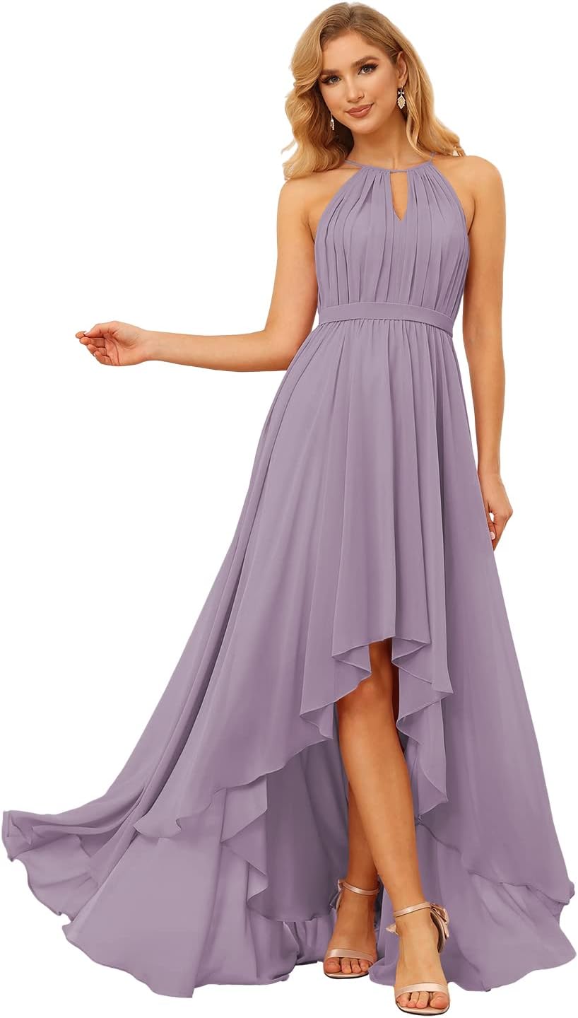 Damen Neckholder Brautjungfernkleider Lang mit Taschen High-Low Falten Formelles Kleid für Hochzeit 