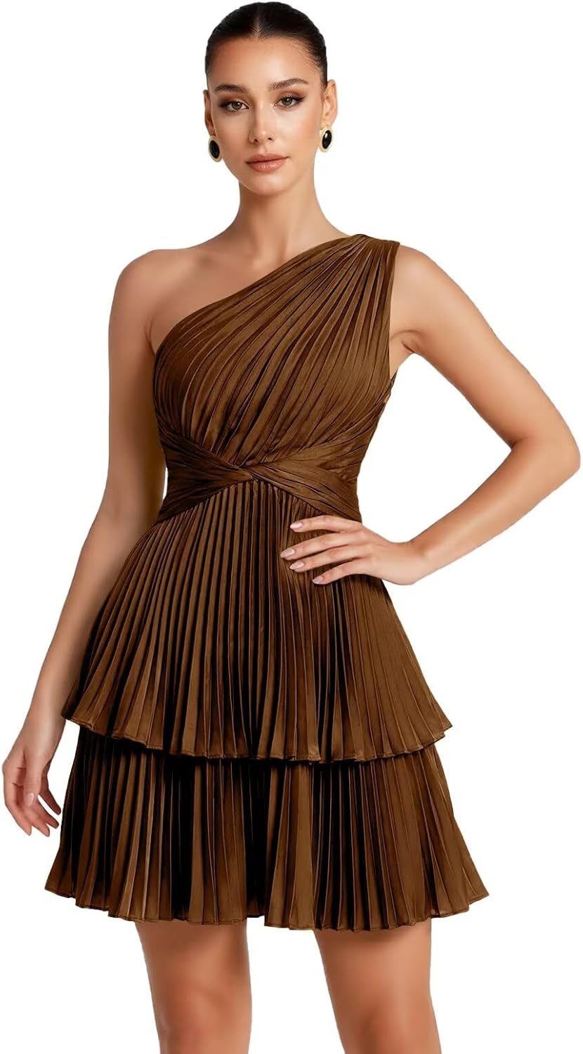 One Shoulder Satin Homecoming Dresses for Teens 2026 Short A-line Prom Dress Pleated Tiered Cocktail Party Gowns