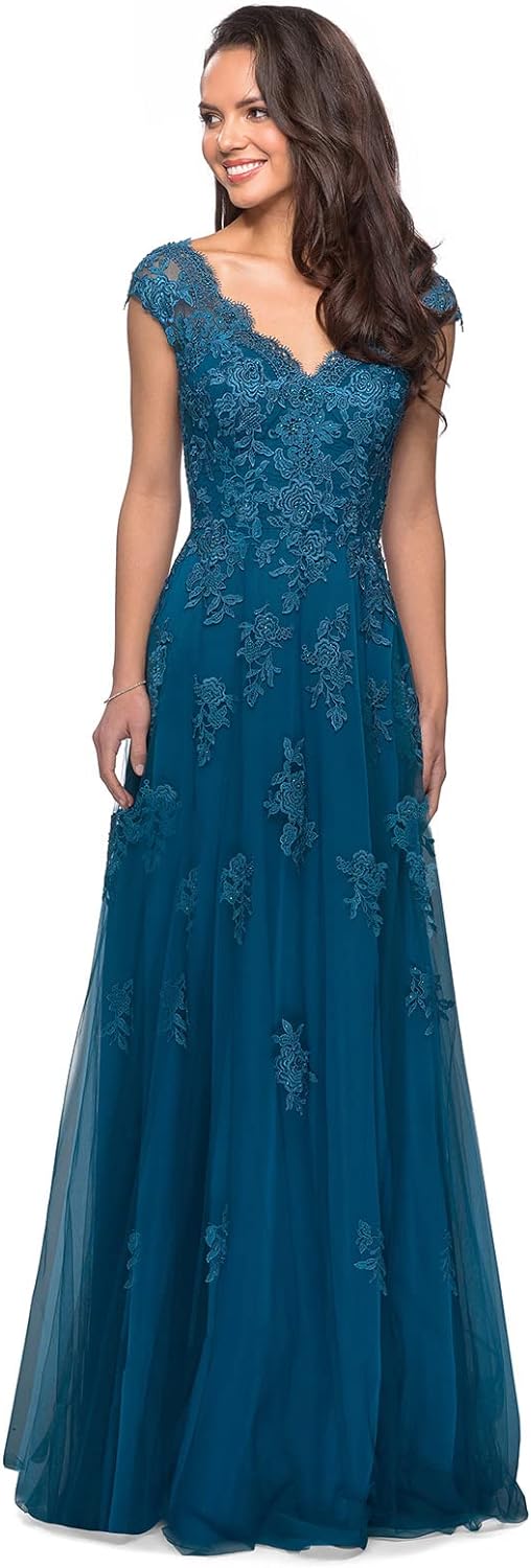 Women's V Neck Cap Sleeves Mother of The Bride Dresses Long Lace Formal Prom Evening Gowns with Pockets