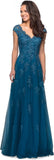 Women's V Neck Cap Sleeves Mother of The Bride Dresses Long Lace Formal Prom Evening Gowns with Pockets