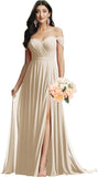 Schulterfreies Brautjungfernkleid für die Hochzeit, gerüschtes Chiffon-Split-Abendkleid mit Taschen 