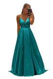 Women's Spaghetti Straps Prom Dresses Long V-Neck Sparkling Bridesmaid Dresses Formal Evening Gowns with High Slit