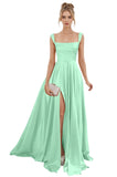 Spaghetti Straps Satin Bridesmaid Dresses for Women Long A-Line Square Neck Formal Evening Party Gown with Slit