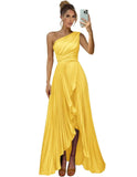 One Shoulder Bridesmaid Dresses for Women Satin Pleated Long A Line Formal Prom Evening Party Dress with Slit