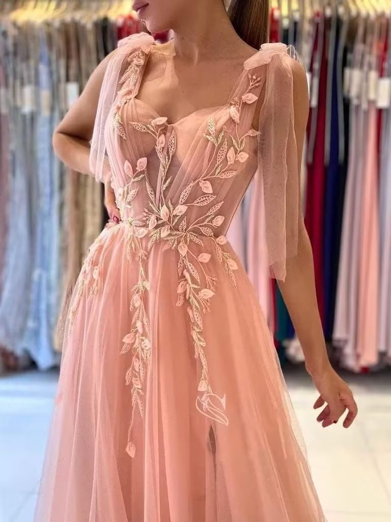 Appliques Tulle Lace Prom Dresses with Slit Spaghetti Straps Formal Evening Dress Sweetheart Ball Gowns