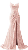 Spaghetti Straps Sequin Prom Dresses for Women 2027 Mermaid Ruched Formal Dress with Slit Sparkly Evening Party Gown