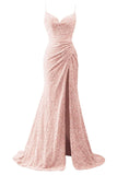 Spaghetti Straps Sequin Prom Dresses for Women 2027 Mermaid Ruched Formal Dress with Slit Sparkly Evening Party Gown