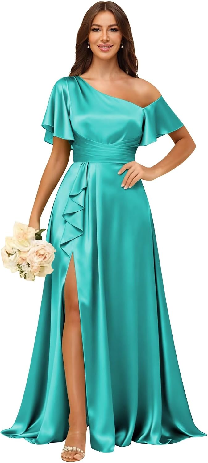 Short Sleeve Satin Bridesmaid Dresses for Women Ruffle One Shoulder Formal Evening Gowns with Slit