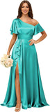 Short Sleeve Satin Bridesmaid Dresses for Women Ruffle One Shoulder Formal Evening Gowns with Slit