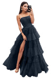 Strapless Tiered Tulle Prom Dresses for Women 2027 Long Sparkly A-Line Formal Evening Party Ball Gowns with Slit