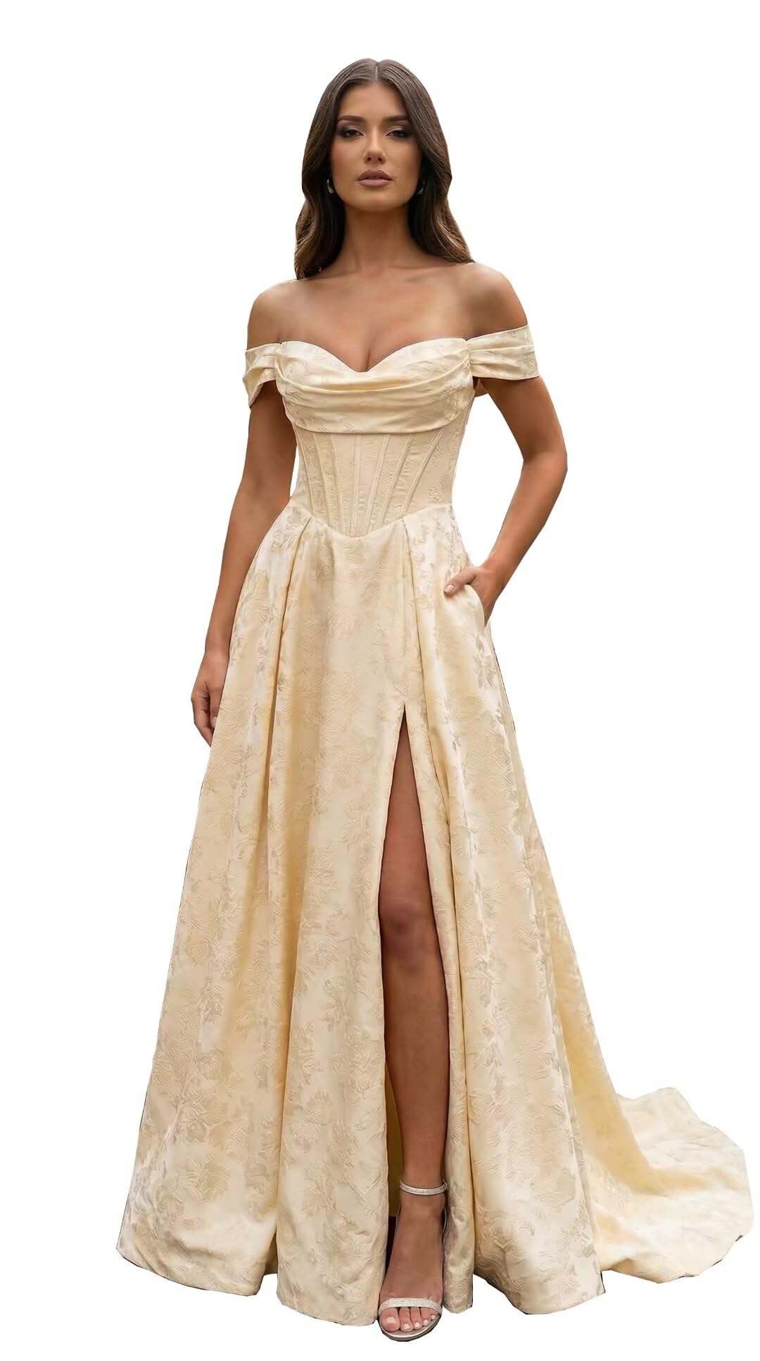 Jacquard Satin Prom Dresses Off the Shoulder Corset A Line Long Formal Gowns
