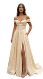 Jacquard Satin Prom Dresses Off the Shoulder Corset A Line Long Formal Gowns