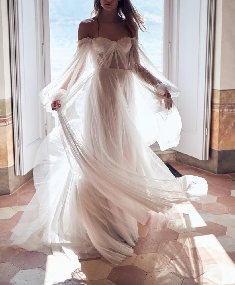Women's Puffy Long Sleeve Prom Dresses with Slit Off Shoulder Tulle Wedding Formal Evening Gowns
