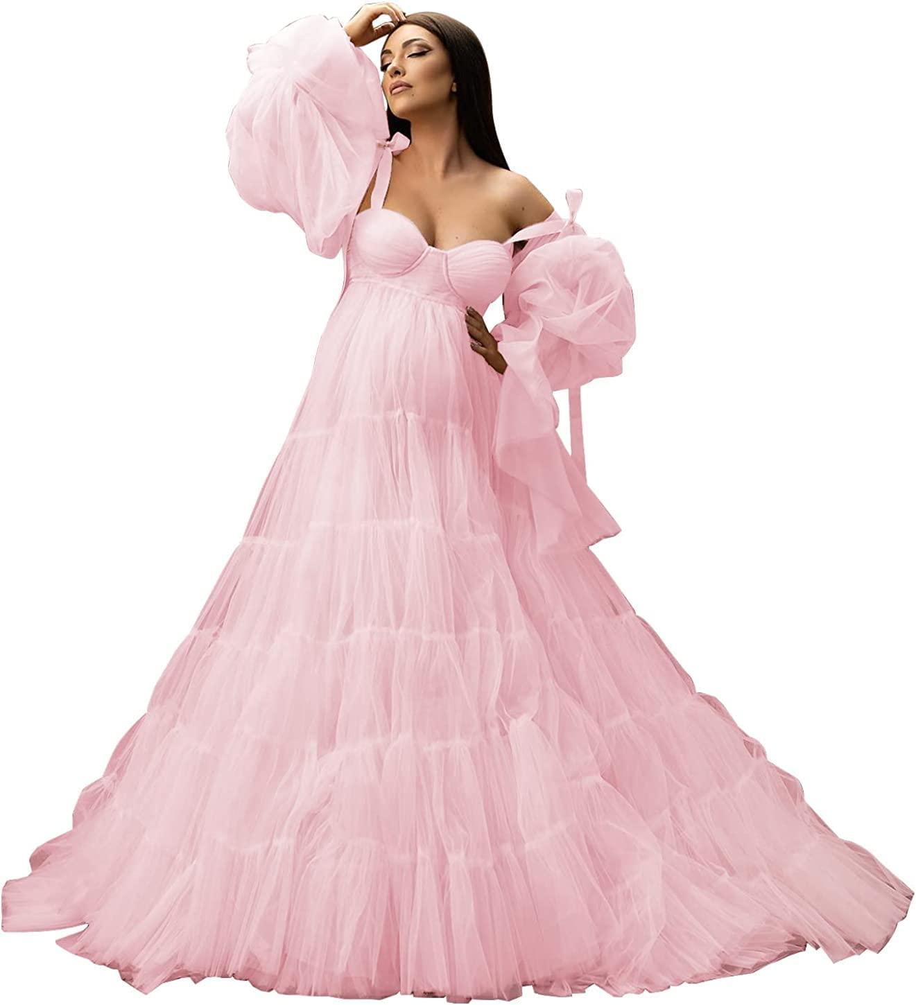 Womens Tulle Robe Maternity Dress for Photoshoot Off Shoulder Bridal Lingerie Maternity Gowns for Babyshower