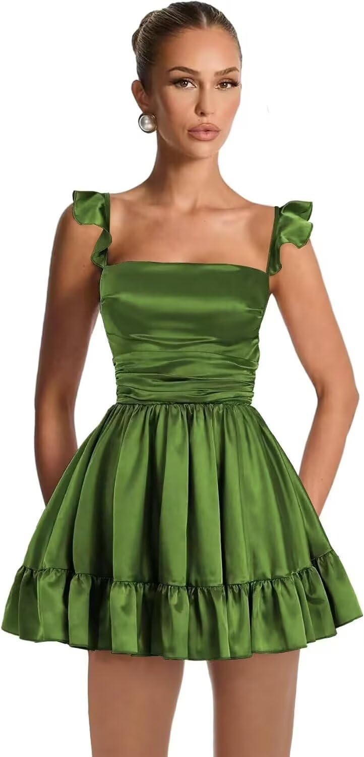 Satin Homecoming Dresses for Teens 2027 A-line Ruched Square Neck Short Prom Formal Cocktail Gowns with Pockets