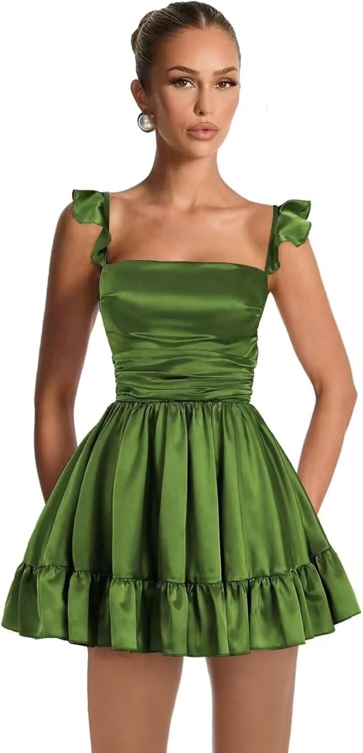 Satin Homecoming Dresses for Teens 2027 A-line Ruched Square Neck Short Prom Formal Cocktail Gowns with Pockets