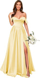 Off Shoulder Satin Bridesmaid Dresses Long Pleated Formal Dresses A Line Evening Gowns with Slit