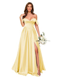 Off Shoulder Satin Bridesmaid Dresses Long Pleated Formal Dresses A Line Evening Gowns with Slit