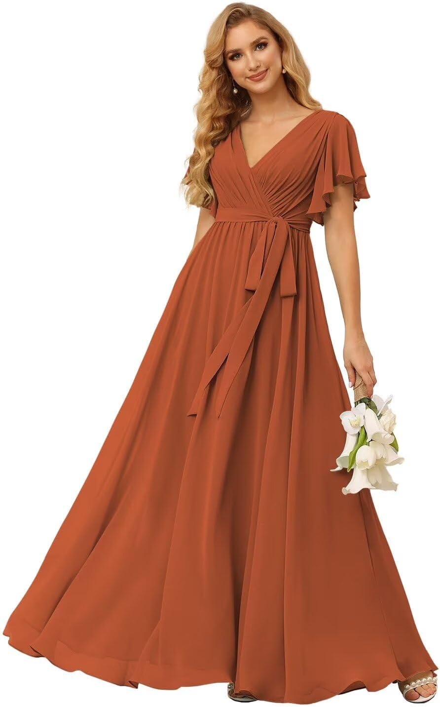 Damen Brautjungfernkleider mit Flatterärmeln, lang, mit Taschen, V-Ausschnitt, Chiffon, formelle Kleider 