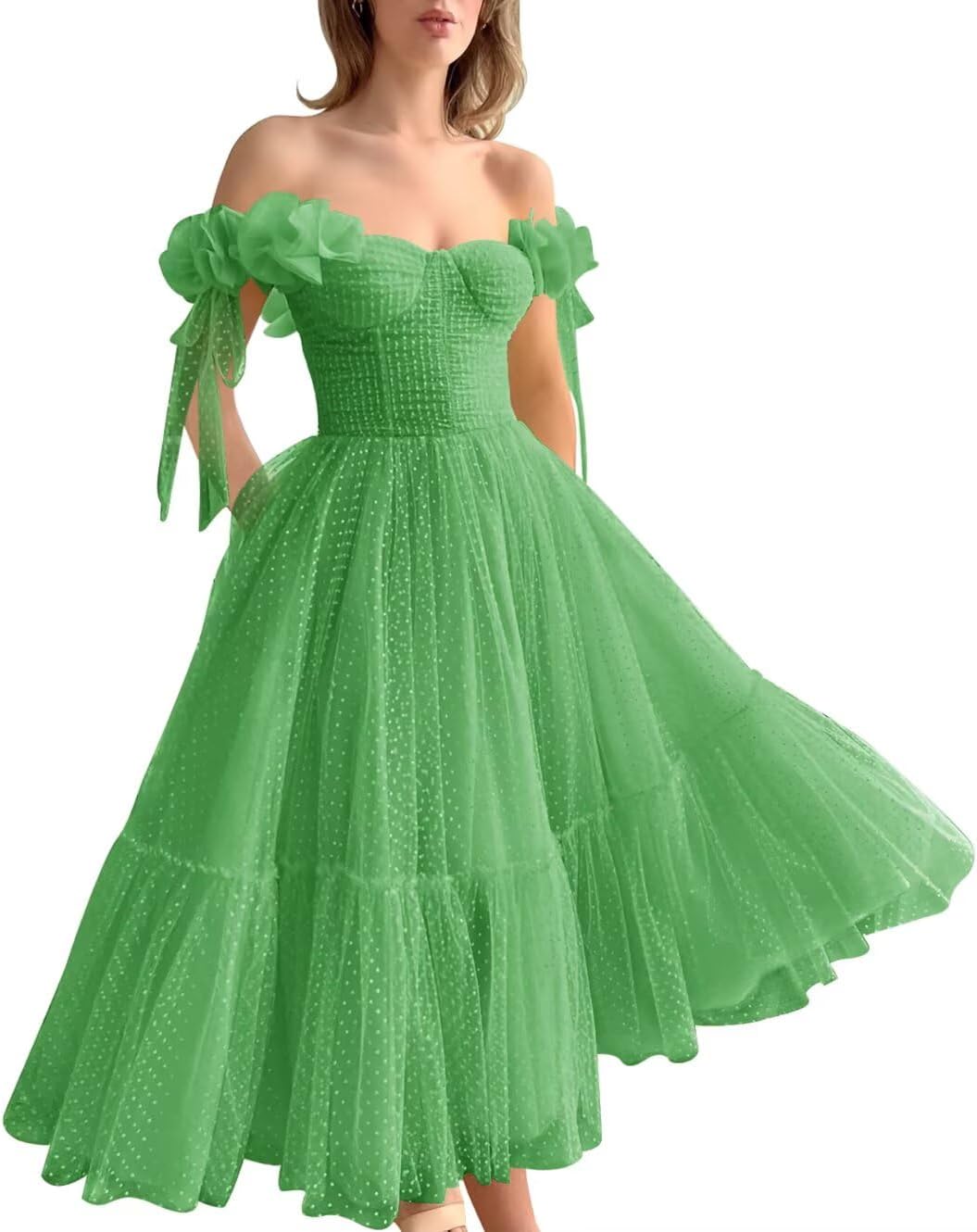 Dotted Tulle Off Shoulder Prom Dress for Women Sweetheart Midi Puffy Formal Party Gowns