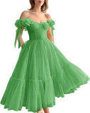 Dotted Tulle Off Shoulder Prom Dress for Women Sweetheart Midi Puffy Formal Party Gowns