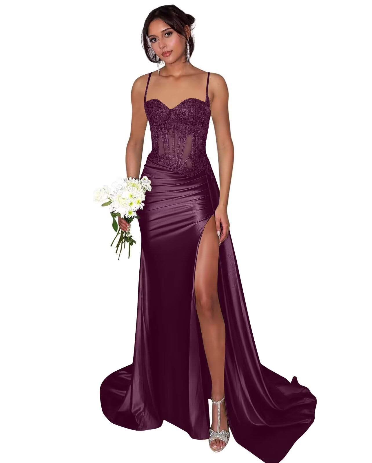 Lace Satin Prom Dresses for Women 2026 Long Mermaid Spaghetti Straps Corset Formal Evening Party Dress with Slit