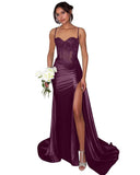 Lace Satin Prom Dresses for Women 2026 Long Mermaid Spaghetti Straps Corset Formal Evening Party Dress with Slit