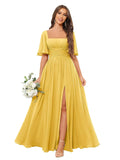 Square Neck Bridesmaid Dresses with Slit Pockets Flutter Sleeve Long Chiffon Formal Wedding Guest Dress