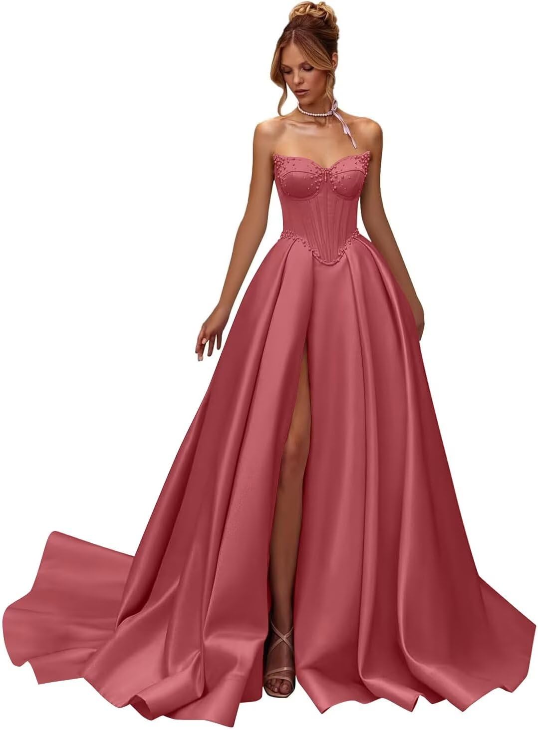 Kingbridal Gowns Strapless Prom Dresses for Women 2026 Long Satin A-line Formal Dress with Slit Beaded Corset Evening Party Gowns