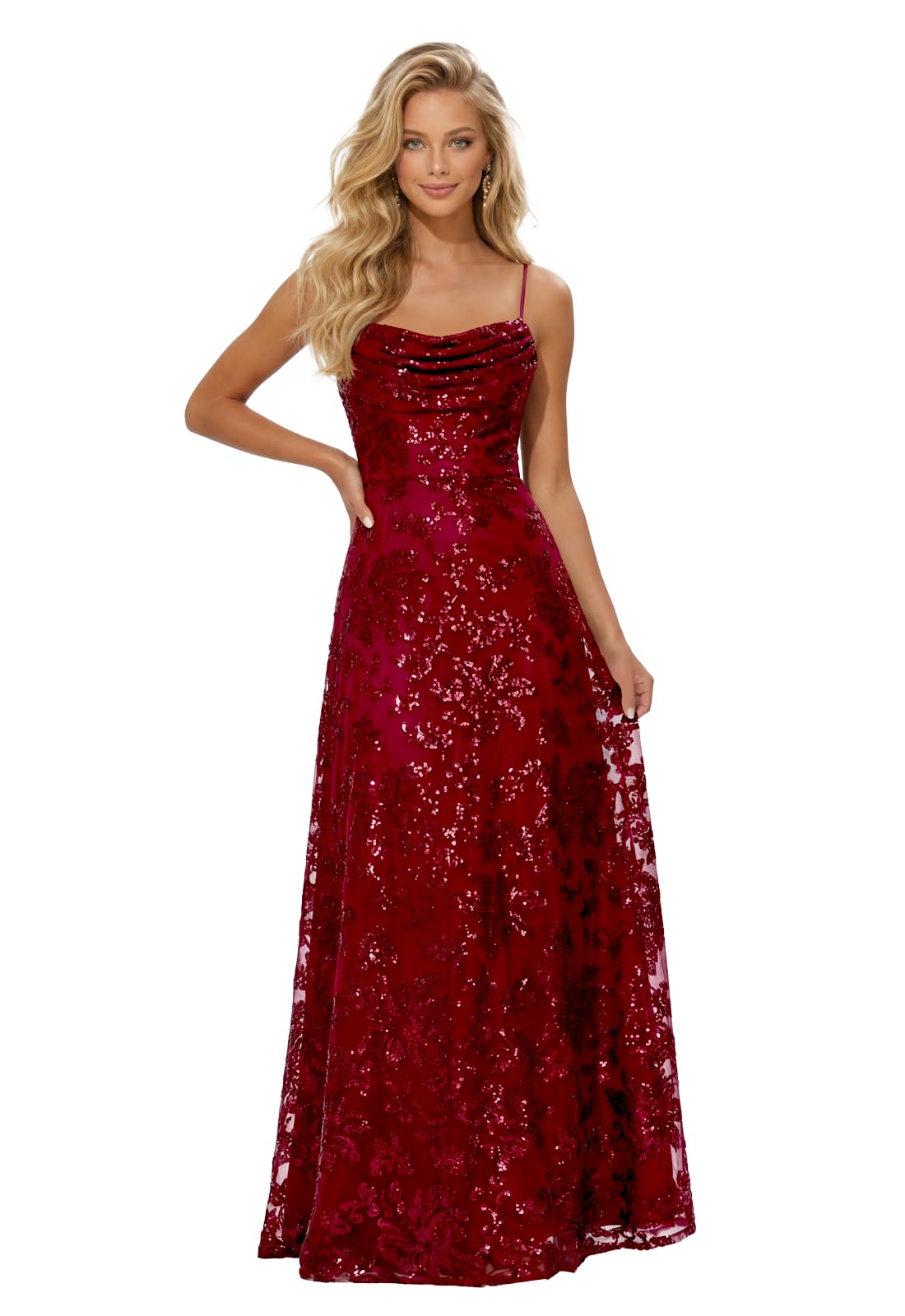 Lace Sequin Prom Dresses Spaghetti Straps A-Line Cowl Neck Pleated Sparkly Long Formal Evening Party Gowns