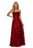 Lace Sequin Prom Dresses Spaghetti Straps A-Line Cowl Neck Pleated Sparkly Long Formal Evening Party Gowns