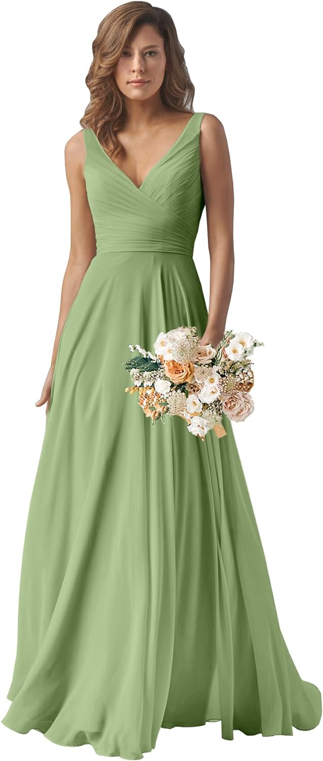 Chiffon Bridesmaid Dresses Long for Women A Line Ruched Formal Porm Evening Gowns