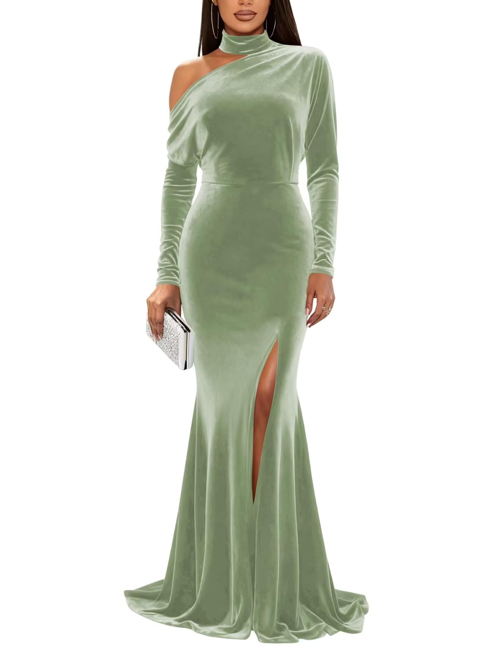Mermaid Velvet Prom Dresses with Slit 2027 Long Sleeve Formal Dress for Women One Shoulder Evening Party Gowns