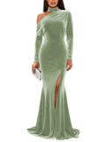 Mermaid Velvet Prom Dresses with Slit 2027 Long Sleeve Formal Dress for Women One Shoulder Evening Party Gowns