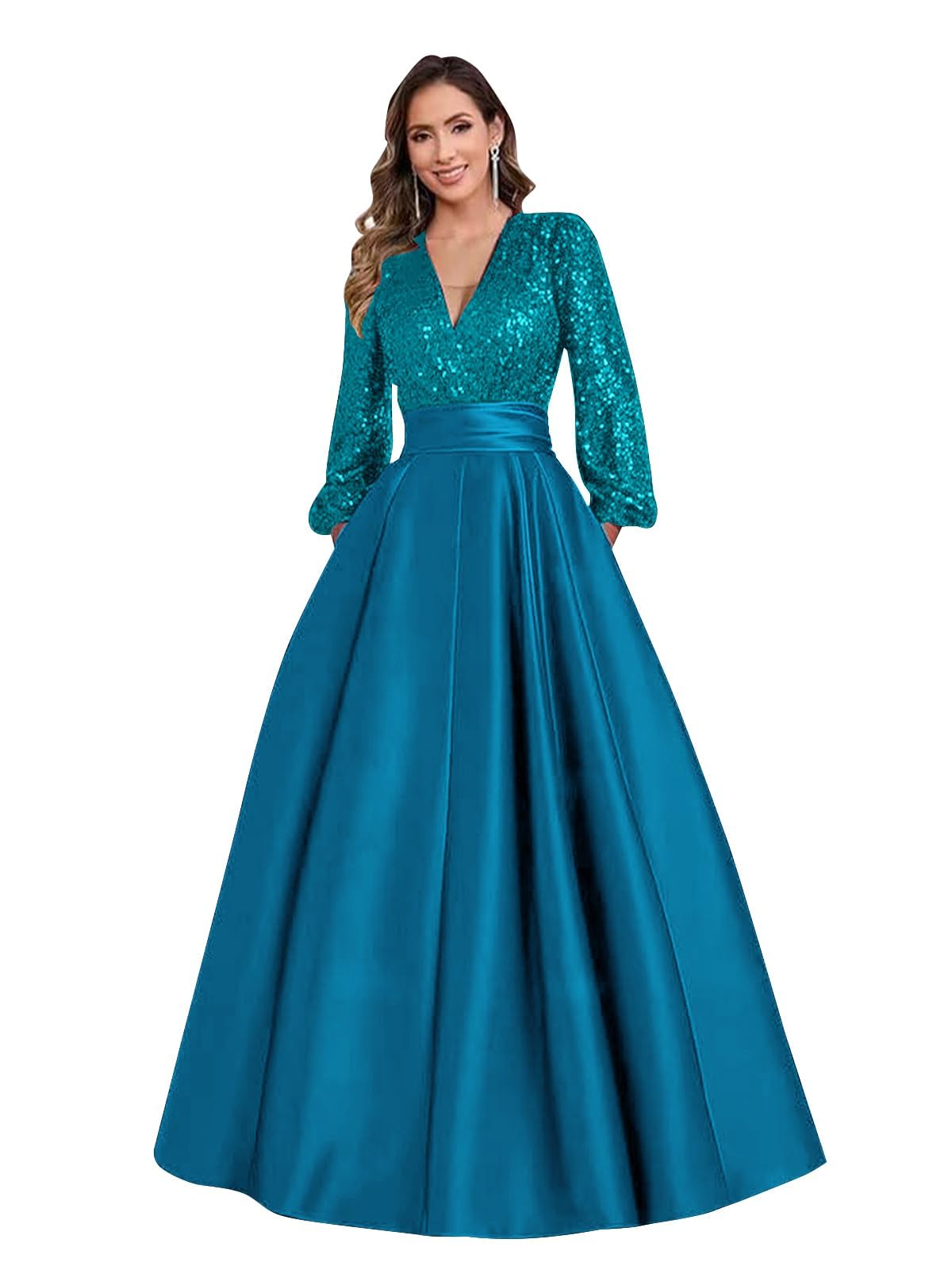 Satin Mother of Bride Dresses Long for Women Sequin Long Sleeve Evening Gown with Pockets