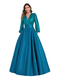 Satin Mother of Bride Dresses Long for Women Sequin Long Sleeve Evening Gown with Pockets